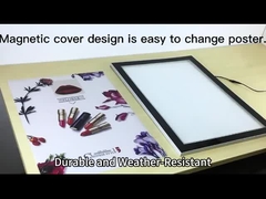 O design da tampa magnética facilita a substituição dos cartazes.